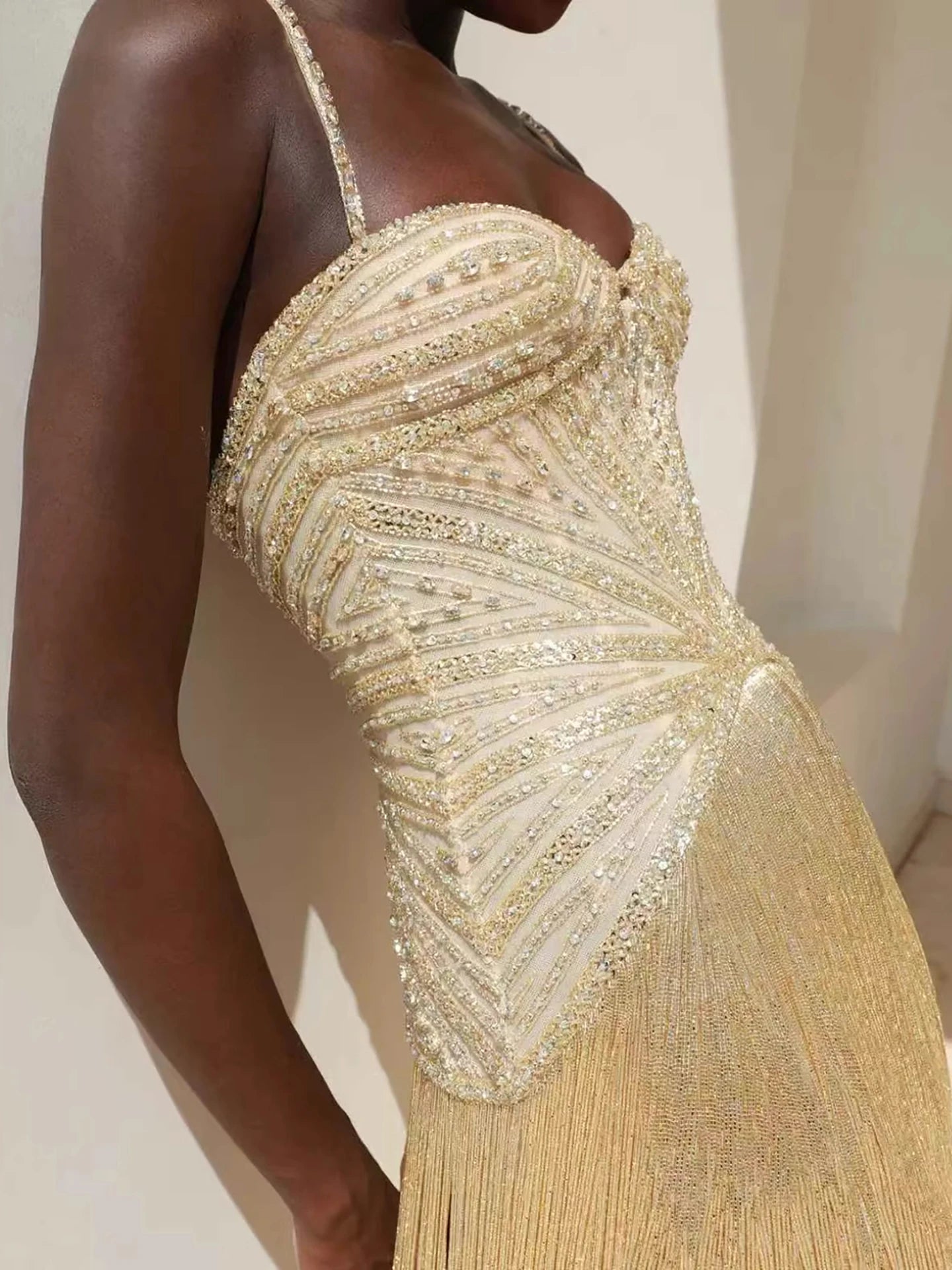 Luxury Arabic Gold Mermaid Beaded Tassel Evening Dress LA73446