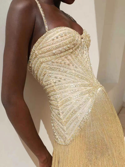Luxury Arabic Gold Mermaid Beaded Tassel Evening Dress LA73446