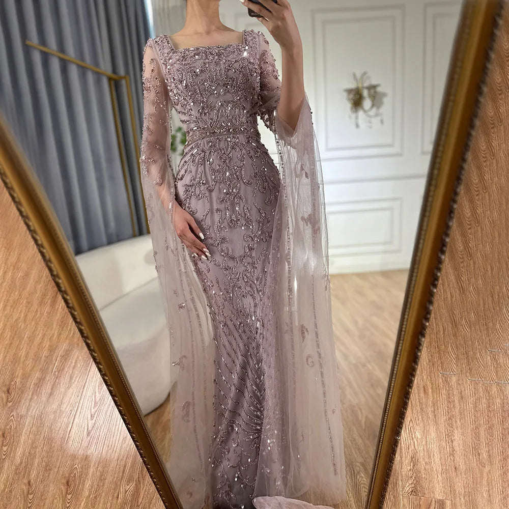 Luxury Dubai Turquoise Evening Dress with Cape Sleeves LA72400