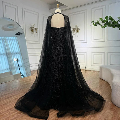 Luxury Arabic Blue A-Line Evening Dress with Cape Sleeves Plus Size LA72659