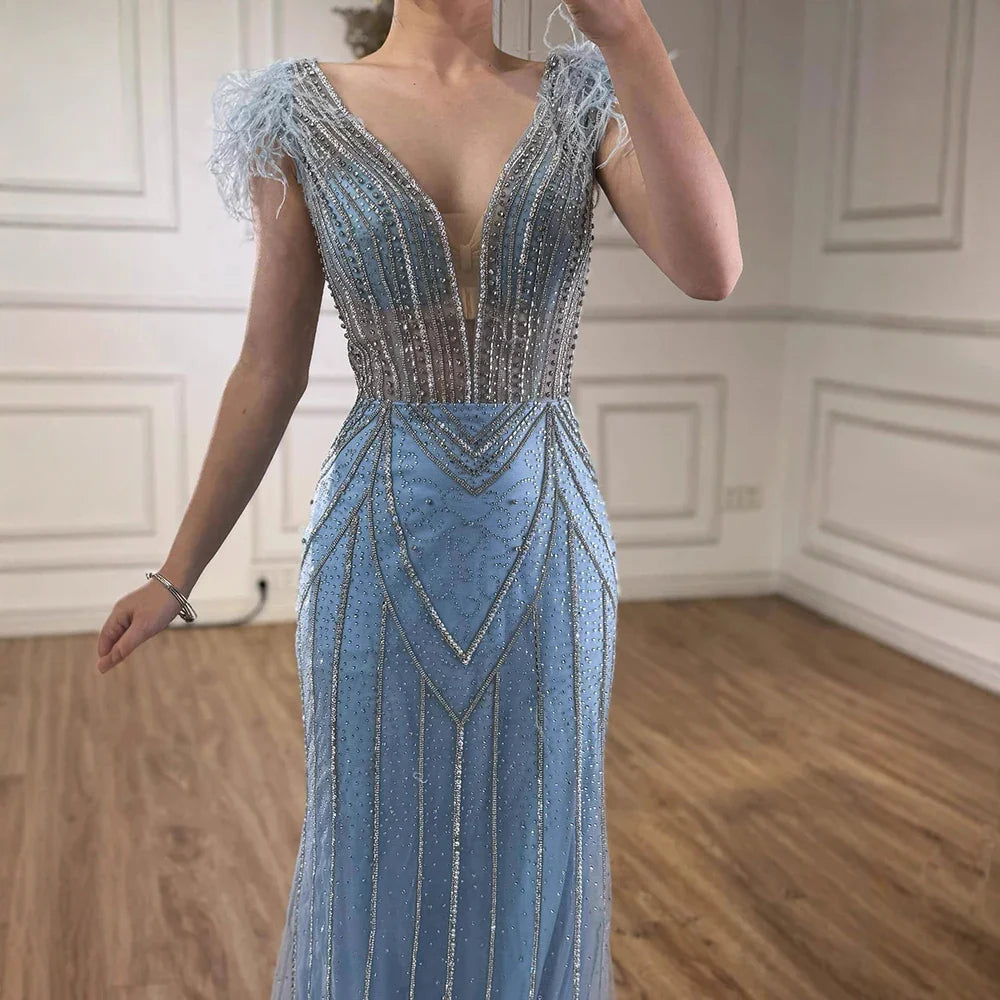 Luxury Dubai Blue Mermaid Evening Dress with Pearls and Feathers LA72578