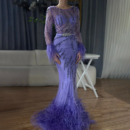 Serene Hill Elegant Mermaid Evening Dress Arabic Purple Beaded Feathers | Luxury Gown for Women's Wedding Party  LA72367