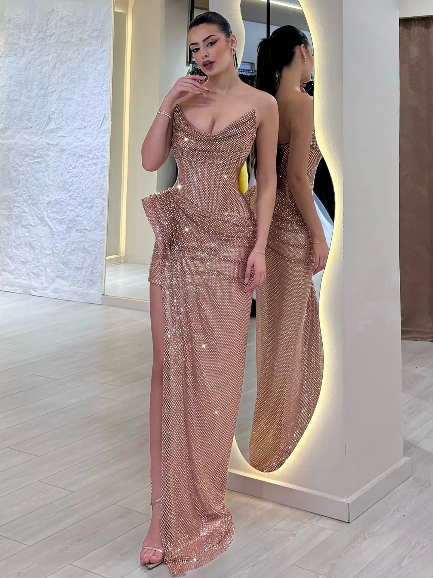 Luxury Rose Gold Saudi Arabic Beaded High Split Evening Dress LA72807B