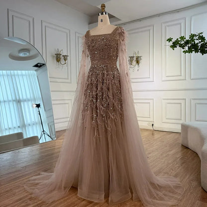 Elegant Blue Beaded Feather A-Line Evening Dress With Cape LA73043