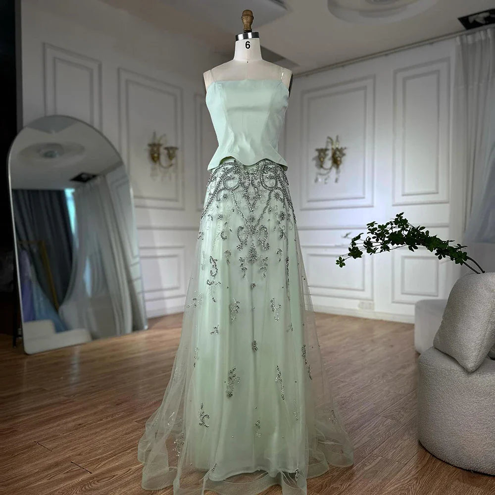 Elegant Sage Green Beaded A-Line Evening Dress Gown LA72809