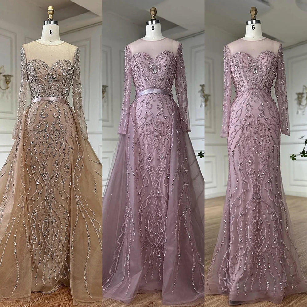 Luxury Dubai   Pink Beaded Saudi Arabic Mermaid Evening Gown with Sheer Long Sleeves for Formal Occasion LA72875
