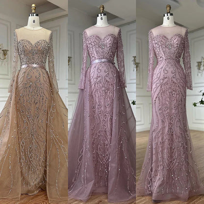 Luxury Dubai   Pink Beaded Saudi Arabic Mermaid Evening Gown with Sheer Long Sleeves for Formal Occasion LA72875