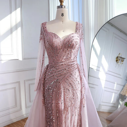 Luxury Dubai Pink Evening Dress Long Sleeve with Train LA73198