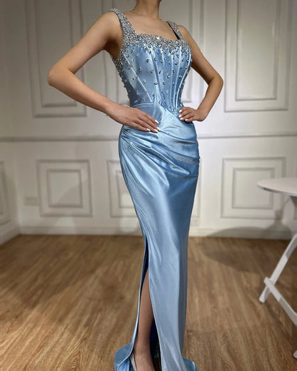 Luxury Dubai  Saudi Blue Crystal Beaded Spaghetti Strap Mermaid Evening Dress Gown with Split for Formal Occasion LA72739