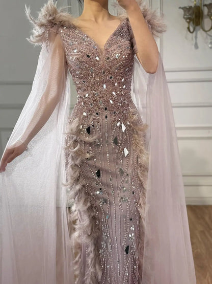 Luxury Caramel Feather Mirror Beaded Mermaid Evening Dress With Cape LA73328