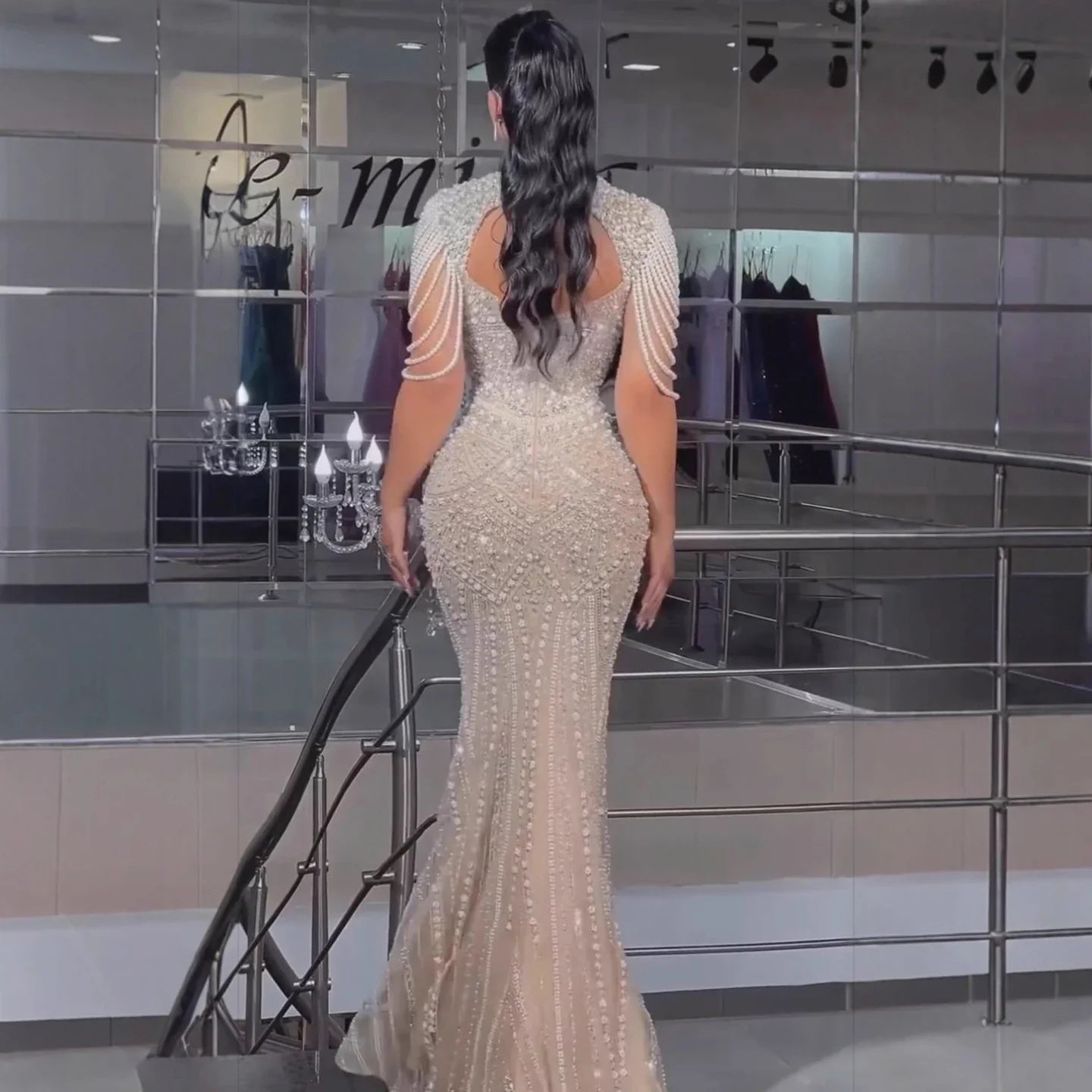 Luxury Nude Pearls Beaded Mermaid Evening Dress LA73199