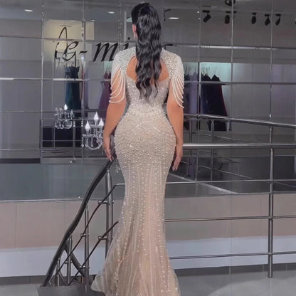 Luxury Nude Pearls Beaded Mermaid Evening Dress LA73199