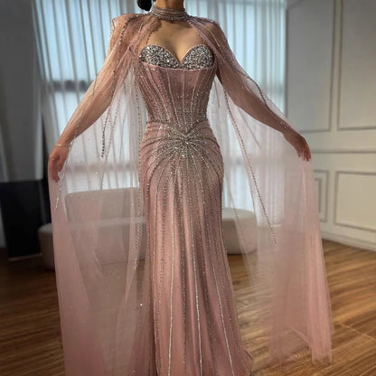 Nude Luxury Beaded Mermaid Evening Gown with Cape Sleeves LA72811A