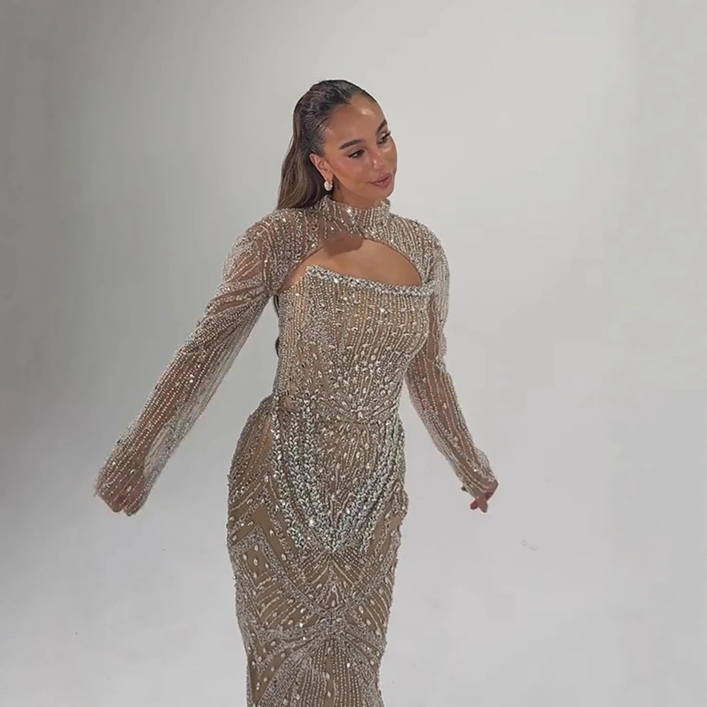 Luxury Arabic Nude Crystal Beaded Mermaid Evening Dress with Jacket LA73376