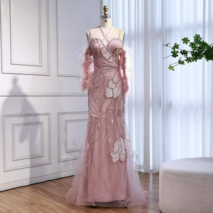 Luxury Pink Beaded Mermaid Evening Dress with Spaghetti Straps LA72492