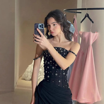 Luxury Black Beaded Mermaid Prom Dress with Spaghetti Straps LA73047