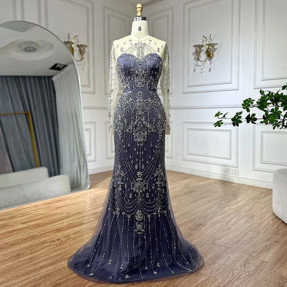 Luxury Dubai Blue Crystal Beaded Evening Dress with Overskirt LA72757