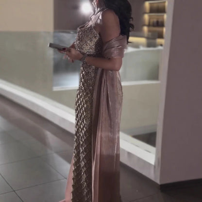 Luxury Pink Beaded Mermaid Evening Dress with Cape LA73366