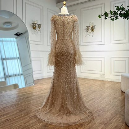 Luxury Nude Beaded Evening Dress with Feather Cuffs LA72892