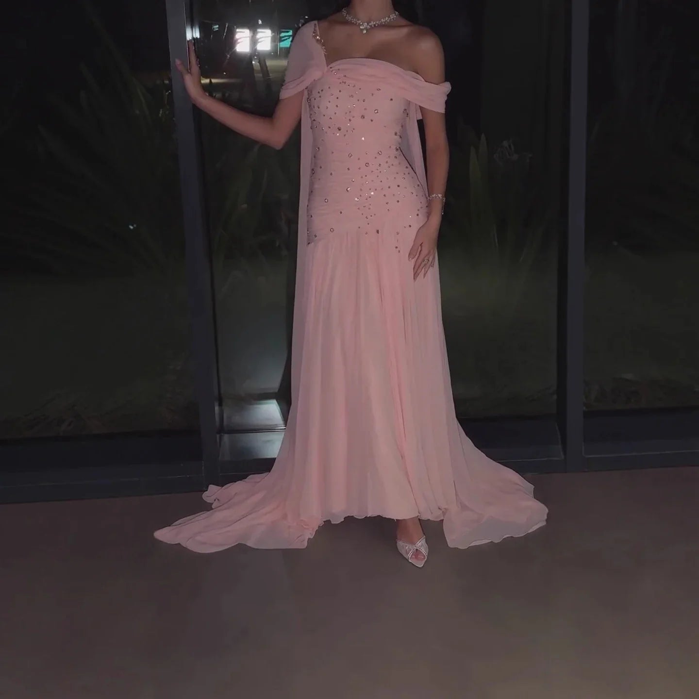 Luxury Pink Chiffon Beaded A-Line Evening Dress with Sheer Cape LA73347