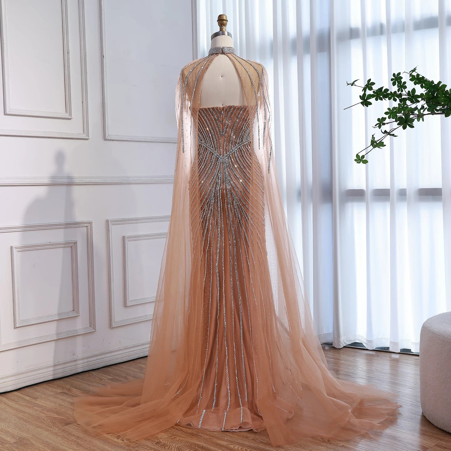 Luxury Nude Mermaid Evening Dress with Cape Sleeves LA73118