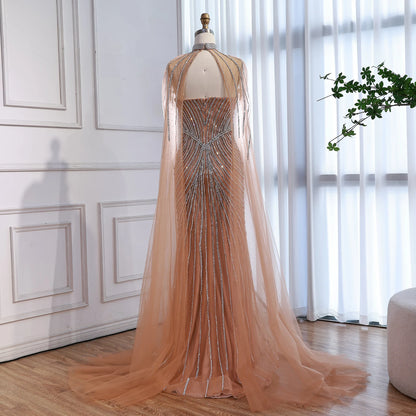Luxury Nude Mermaid Evening Dress with Cape Sleeves LA73118
