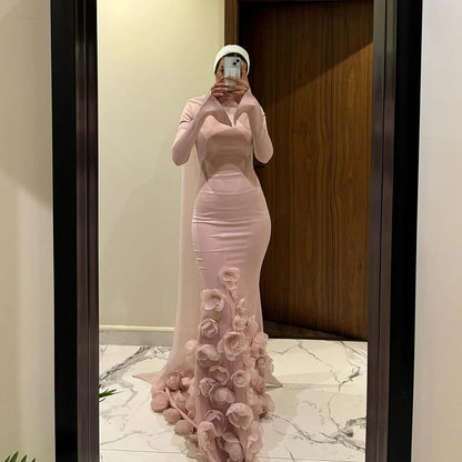 Luxury Pink 3D Flower Evening Dress  Long Sleeves LA72954