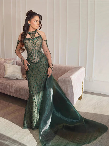 Luxury Green Halter Beaded Dubai Corset Evening Dress LA73322