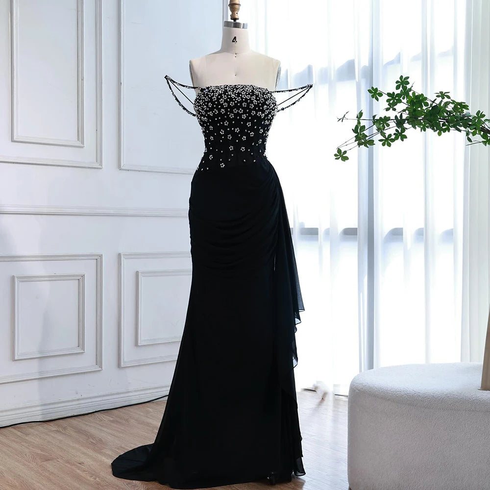 Luxury Black Beaded Mermaid Prom Dress with Spaghetti Straps LA73047