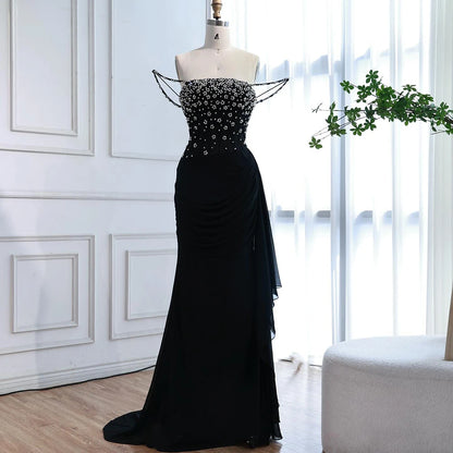 Luxury Black Beaded Mermaid Prom Dress with Spaghetti Straps LA73047