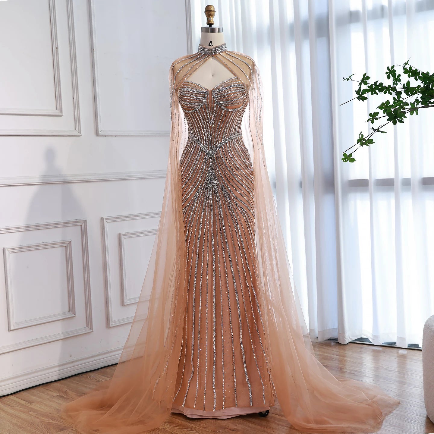 Luxury Nude Mermaid Evening Dress with Cape Sleeves LA73118