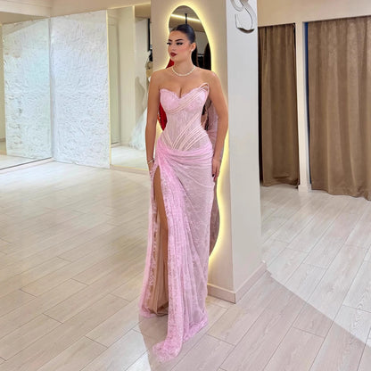 Luxury Pink Saudi Arabic Lace Embroidery Evening Dress LA73373