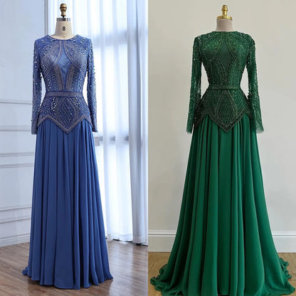 Luxury Designer  Blue Beaded Evening Dress with Long Sleeves LA72962