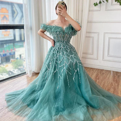 Luxury Turquoise Beaded Feather A Line Evening Dress LA71328
