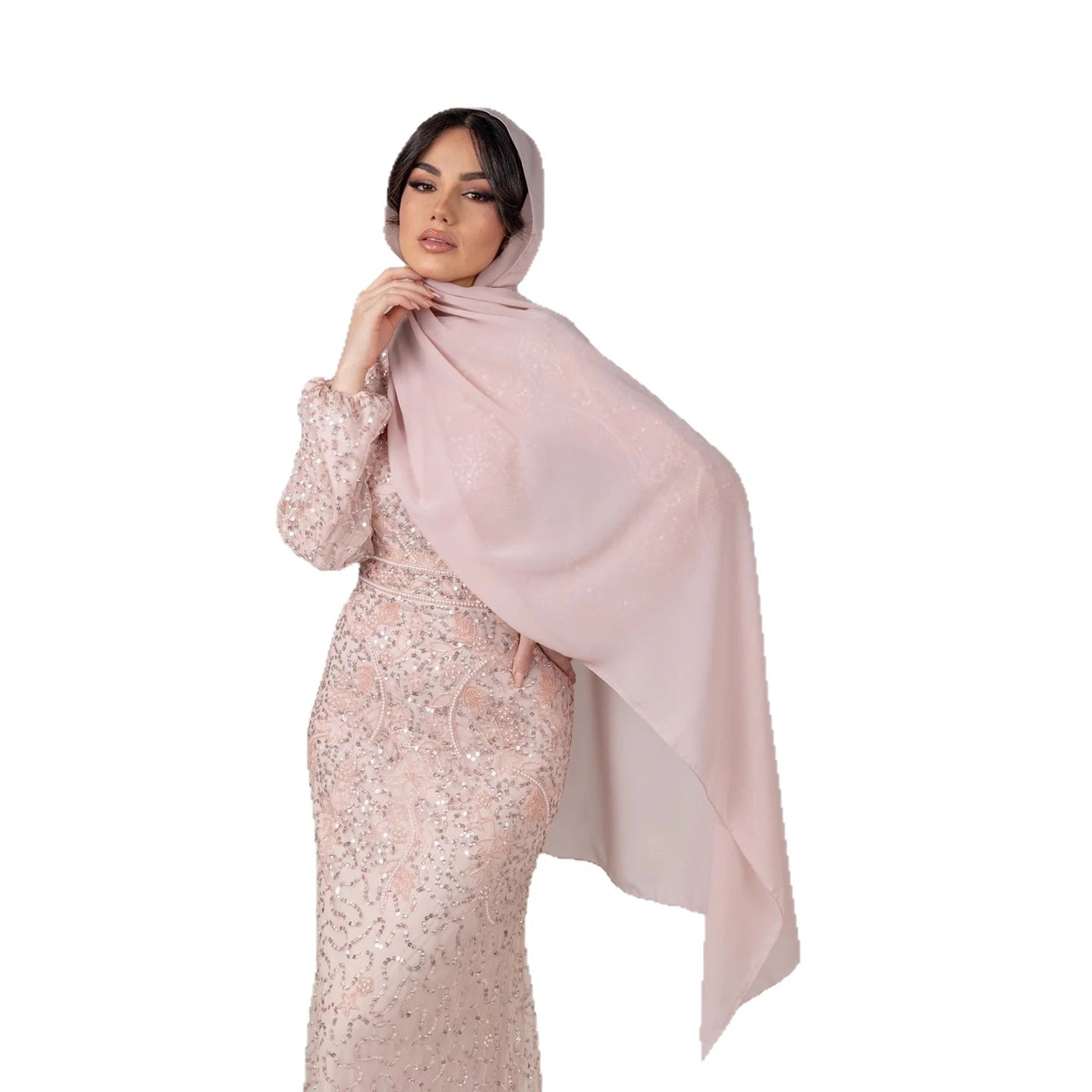 Luxury Pink Pearls Beaded Muslim Mermaid Evening Dress LA73417