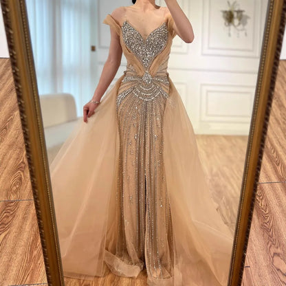 Luxury Nude Beaded Mermaid Evening Dress with Overskirt and Slit LA73034