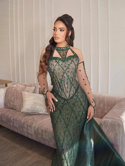 Luxury Green Halter Beaded Dubai Corset Evening Dress LA73322