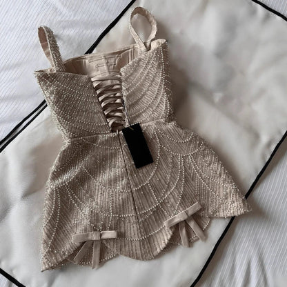 Luxury Nude Pearl Beaded A-Line Mini Evening Dress LA73211