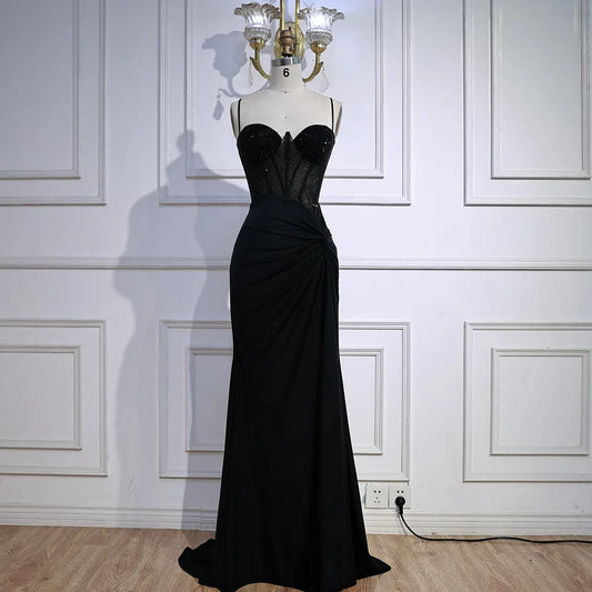 Black Beaded Classy Prom Dress with Spaghetti Straps LA73039