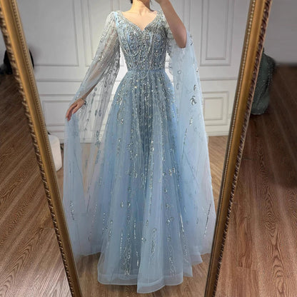 Luxury Nude Beaded Evening Dress with Cape Sleeves for Formal Occasion LA72764A