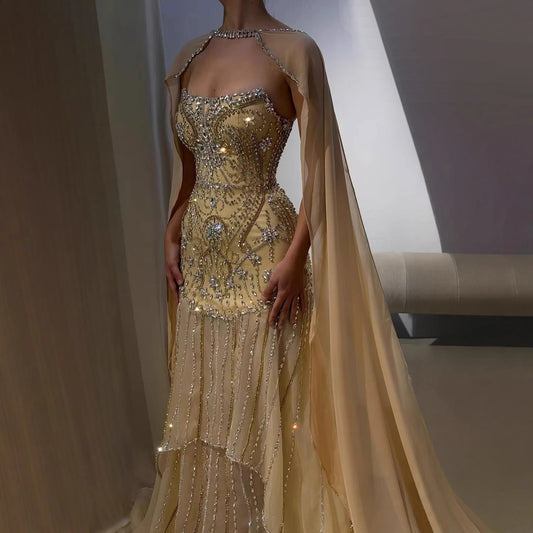 Luxury Gold Diamond Evening Dress with Cape for Wedding Party LA73224