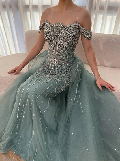 Luxury Beaded Nude Off Shoulder Mermaid Evening Dress LA73392