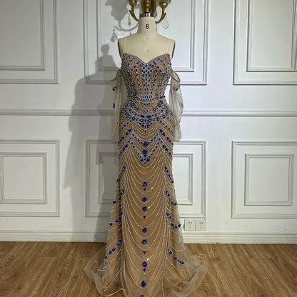 Luxury Blue Beaded Mermaid Evening Dress LA72858