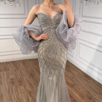 Serene Hill Beaded Gray Diamond Evening Dress With Cape LA73411