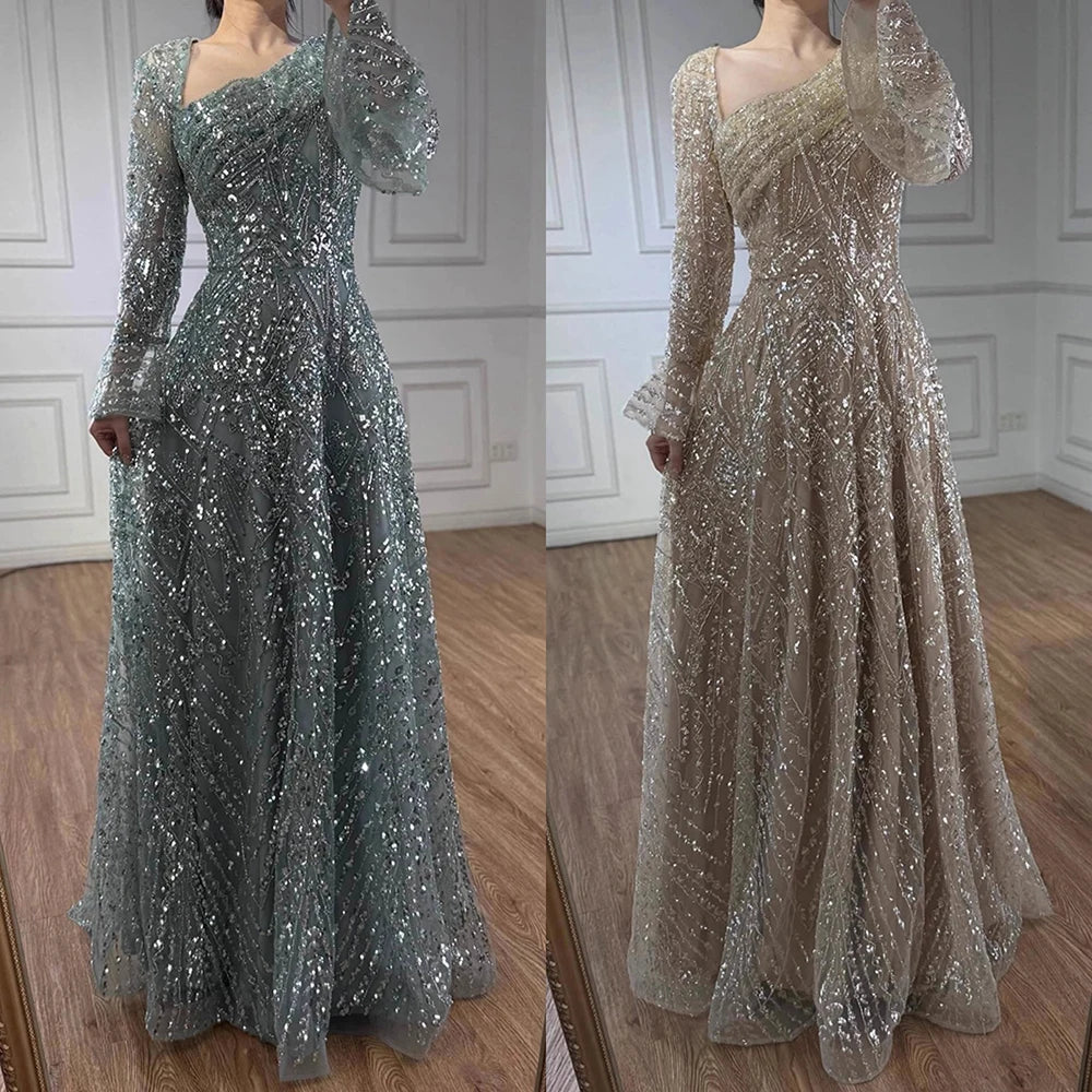 Luxury Turquoise Beaded A-Line Evening Dress with Puffy Sleeves LA73177