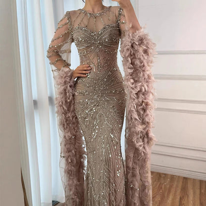 Luxury Modest Caramel Feather  Long Cape  Sleeves Mermaid Evening Dress LA72708A