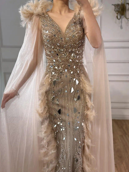 Luxury Caramel Feather Mirror Beaded Mermaid Evening Dress With Cape LA73328