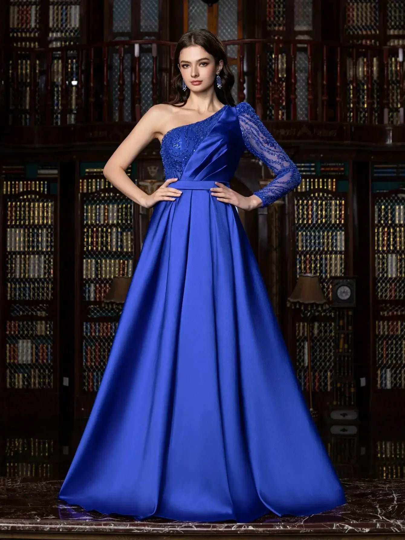 Satin Blue A-Line One-Shoulder Elegant Evening Dress LA73278