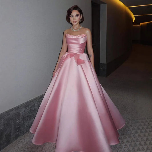 Luxury Pink Satin A-Line Evening Dress with Bow Strapless Gown LA72916