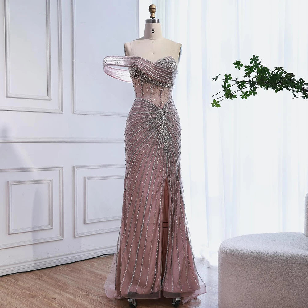 Luxury Pink Crystal One Shoulder Beaded Evening Dress Split LA73197